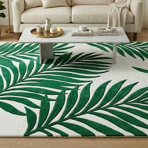 Tropical Green Palm Leaf Hand-Tufted Wool Area Rug | Coastal Botanical White Accent Carpet | Nature Inspired Boho Decor for Living Room