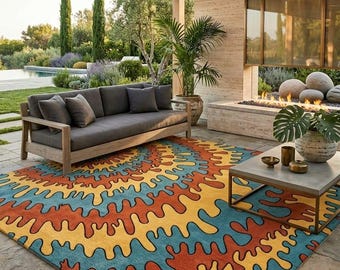Retro Wavy Area Rug | Hand Tufted Wool Carpet, Psychedelic Mustard Teal Rust Floor Decor