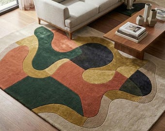 Hand-Tufted Wool Rug – Abstract Earth Tone Area Carpet for Living Room