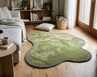 Olive Green Irregular Wool Rug | Striped Border Hand Tufted Accent Carpet