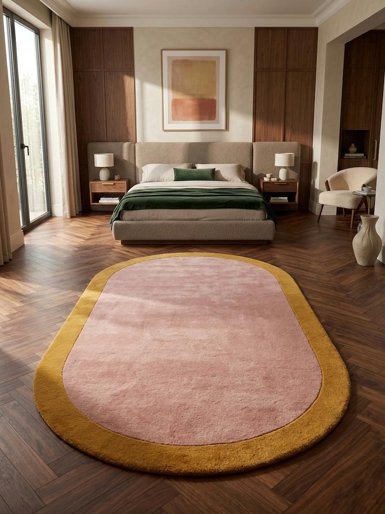 Luxury blush pink oval rug with mustard gold border placed in modern wooden floor living room, soft minimalist Scandinavian style carpet for aesthetic home decor.