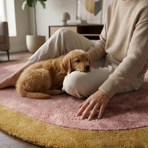 Puede incluir: Un cachorro golden retriever descansa sobre una alfombra rosa con borde amarillo. La alfombra est&aacute; en un sal&oacute;n, con una persona que lleva un su&eacute;ter y pantalones beiges. Una planta de interior es visible en el fondo.