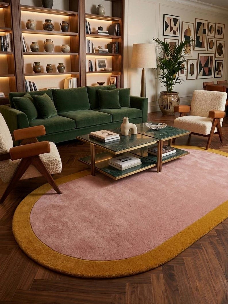 May include: A stylish living room with a green velvet sofa, cream armchairs, and a pink rug with a yellow border. A coffee table with a green marble top is in the centre. Bookshelves and framed art complete the decor.