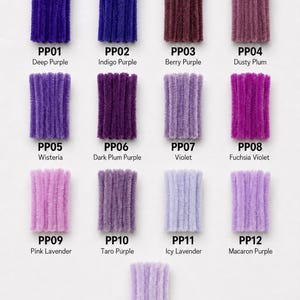 May include: A collection of thirteen pipe cleaners arranged in rows, showcasing various shades of purple. Each bundle is labeled with a code and color name, ranging from PP01 Deep Purple to PP13 Light Purple, featuring fuzzy textures in hues of indigo, berry, plum, violet, fuchsia, lavender, and taro.