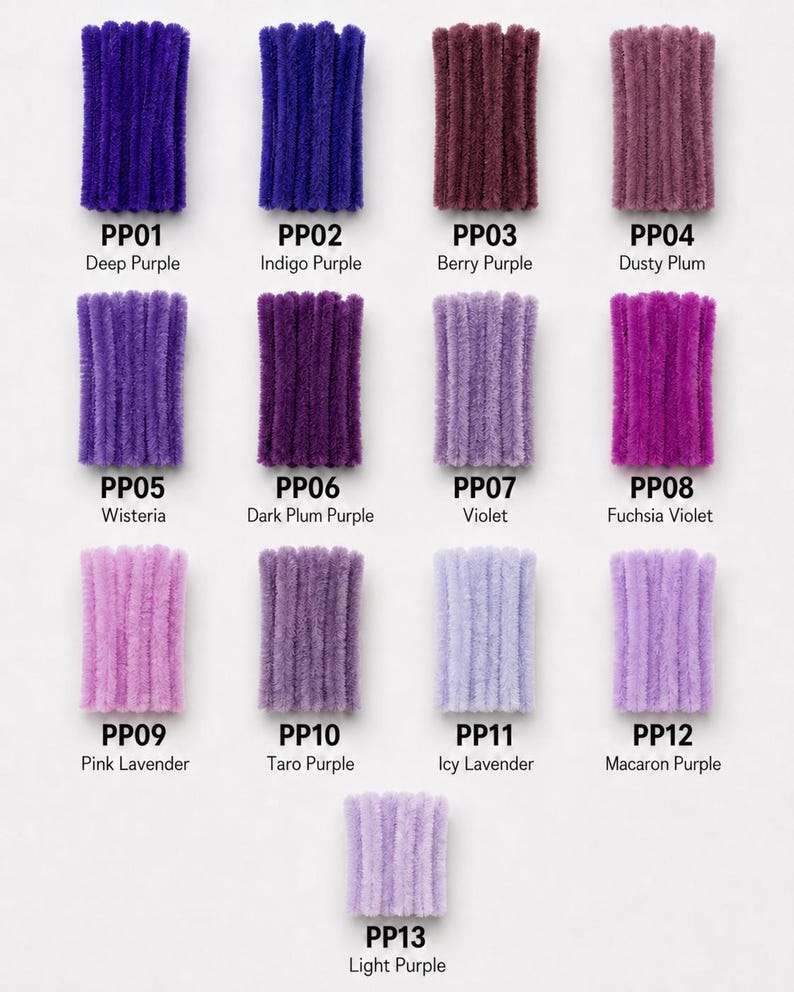 May include: A collection of thirteen pipe cleaners arranged in rows, showcasing various shades of purple. Each bundle is labeled with a code and color name, ranging from PP01 Deep Purple to PP13 Light Purple, featuring fuzzy textures in hues of indigo, berry, plum, violet, fuchsia, lavender, and taro.