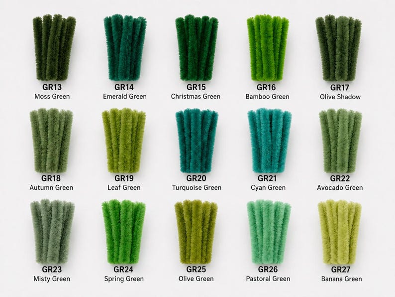 May include: A collection of fifteen bundles of fuzzy pipe cleaners arranged in a grid, each labeled with a code and color name ranging from Moss Green GR13 to Banana Green GR27, showcasing various shades of green in a textured, fibrous material.