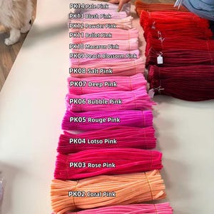 May include: Bundles of fuzzy pipe cleaners arranged in a vertical column, labeled with color names from PK14 Pale Pink to PK01 Peony Pink. To the right, additional bundles of red and orange pipe cleaners are stacked in horizontal rows.