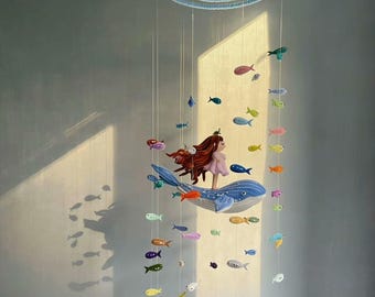 Handmade Pipe Cleaner Baby Mobile, DIY Kit or Finished Mobile, Whale and Girl Nursery Mobile, Ocean Wind Chimes, Crib Toy (Original Design)