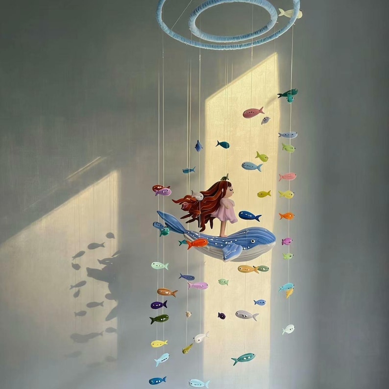 Mobile pour bébé fait main avec cure-pipe, kit de bricolage ou mobile fini, mobile baleine et chambre de bébé, carillons éoliens océaniques, jouet pour berceau (conception originale) image 2