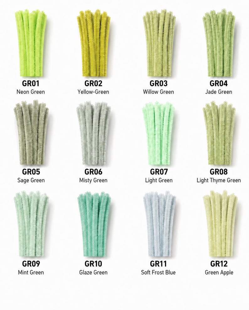 May include: Twelve bundles of fuzzy pipe cleaners arranged in a grid, labeled GR01 Neon Green, GR02 Yellow-Green, GR03 Willow Green, GR04 Jade Green, GR05 Sage Green, GR06 Misty Green, GR07 Light Green, GR08 Light Thyme Green, GR09 Mint Green, GR10 Glaze Green, GR11 Soft Frost Blue, and GR12 Green Apple.