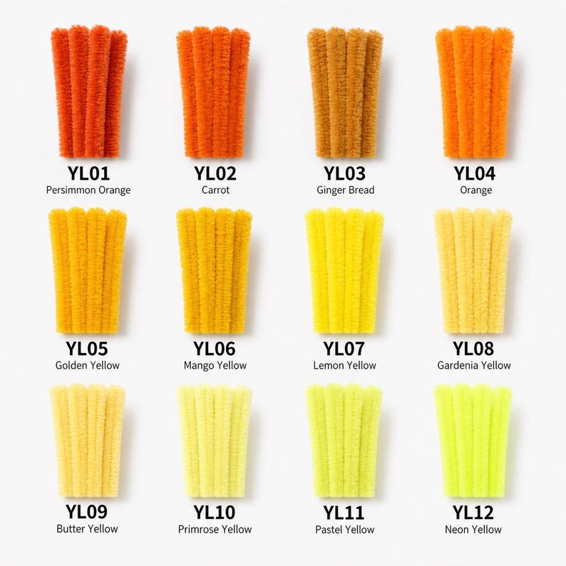 May include: Twelve bundles of fuzzy pipe cleaners arranged in a grid, labeled YL01 through YL12 with color names including Persimmon Orange, Carrot, Ginger Bread, Orange, Golden Yellow, Mango Yellow, Lemon Yellow, Gardenia Yellow, Butter Yellow, Primrose Yellow, Pastel Yellow, and Neon Yellow.