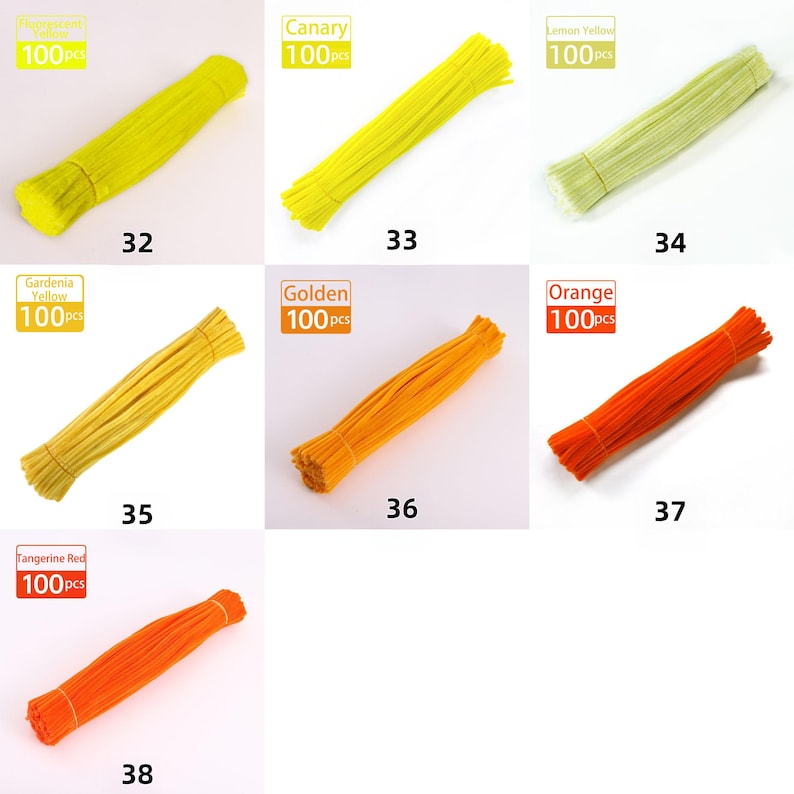May include: A selection of craft sticks in shades of yellow, orange, and red. Each bundle is labelled with a colour name and quantity, "100 pcs". Colours include Lemon Yellow, Canary, Gardenia Yellow, Golden, Orange, and Tangerine Red.