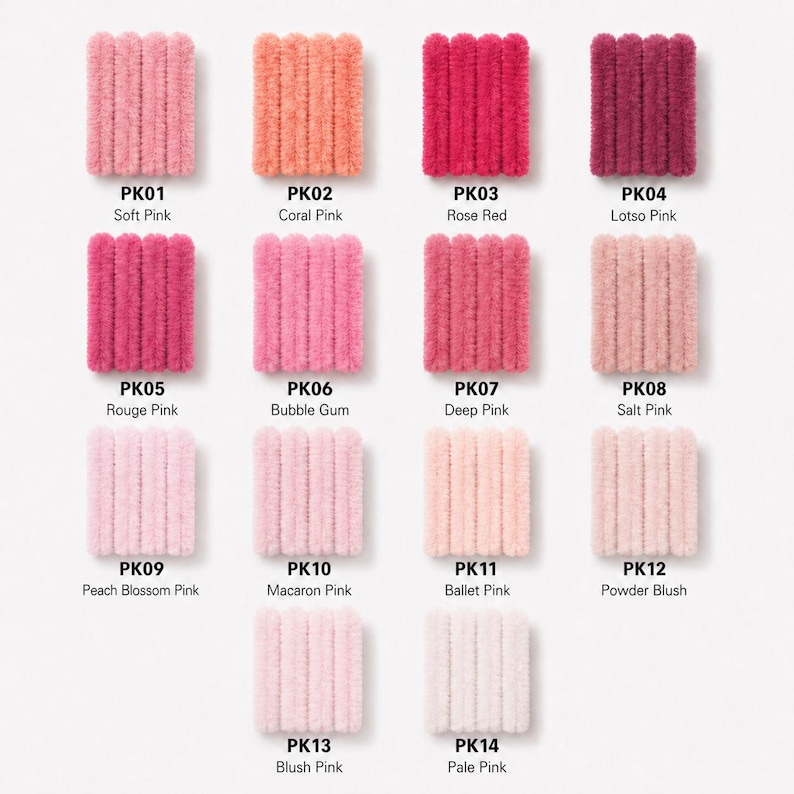 May include: A collection of fourteen swatches of fuzzy, textured yarn arranged in a grid. Each swatch is labeled with a code from PK01 to PK14 and a corresponding color name, including Soft Pink, Coral Pink, Rose Red, Lotso Pink, and others.