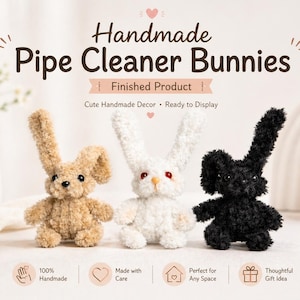 Ręcznie robione pluszowe trio króliczków, urocze zwierzątka z drucików kreatywnych, małe pluszowe zabawki kawaii, prezent dla dzieci i kolekcjonerów, miękkie, ręcznie robione dekoracje