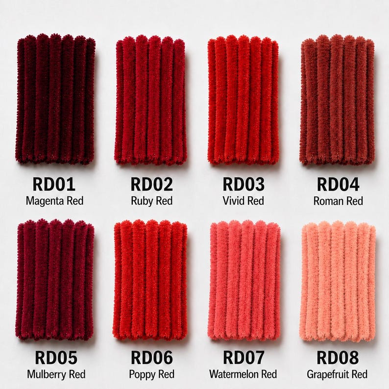 May include: Eight rectangular swatches of fuzzy, ribbed chenille yarn arranged in two rows. Each swatch is labeled with a code and color name: RD01 Magenta Red, RD02 Ruby Red, RD03 Vivid Red, RD04 Roman Red, RD05 Mulberry Red, RD06 Poppy Red, RD07 Watermelon Red, and RD08 Grapefruit Red.