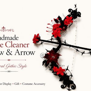 Puede incluir: Arco y flecha hechos a mano con limpiapipas, de estilo gótico floral. El arco negro está adornado con flores rojas y espinas. El texto de la imagen dice "Handmade Pipe Cleaner Bow & Arrow Floral Gothic Style."
