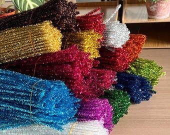 100 st 6 mm glitterpiprengörare | Glittriga chenilleskaft | 30 cm | Hantverksmaterial för gör-det-själv, blommor och kawaii-pyssel | Flera färger
