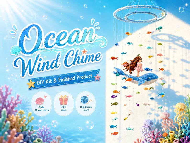 Peut inclure: Un carillon &eacute;olien mobile avec une baleine bleue et une petite figurine aux longs cheveux bruns, suspendus &agrave; deux anneaux circulaires. De nombreux petits poissons color&eacute;s pendent &agrave; des fils. Le texte indique Ocean Wind Chime, DIY Kit & Finished Product.