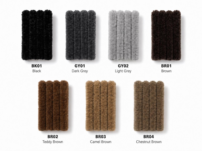 May include: Seven rectangular swatches of shaggy, textured fabric arranged in two rows. Colors include black (BK01), dark grey (GY01), light grey (GY02), brown (BR01), teddy brown (BR02), camel brown (BR03), and chestnut brown (BR04) with labels.