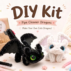 Op de afbeelding: DIY-kit voor pijpenragerdraken. De afbeelding toont twee handgemaakte draken, één zwart en één wit, gemaakt van pijpenragers. De zwarte draak heeft groene ogen en rode accenten, terwijl de witte draak blauwe ogen heeft. De kit bevat materialen en instructies.