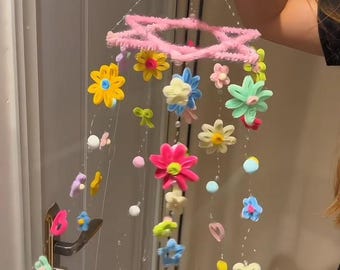 Dopamine Flower Wind Chime, Handmade Pipe Cleaner Hanging Decor, Colorful Floral Mobile, Window Ornament, Cute Room Decoration Gift