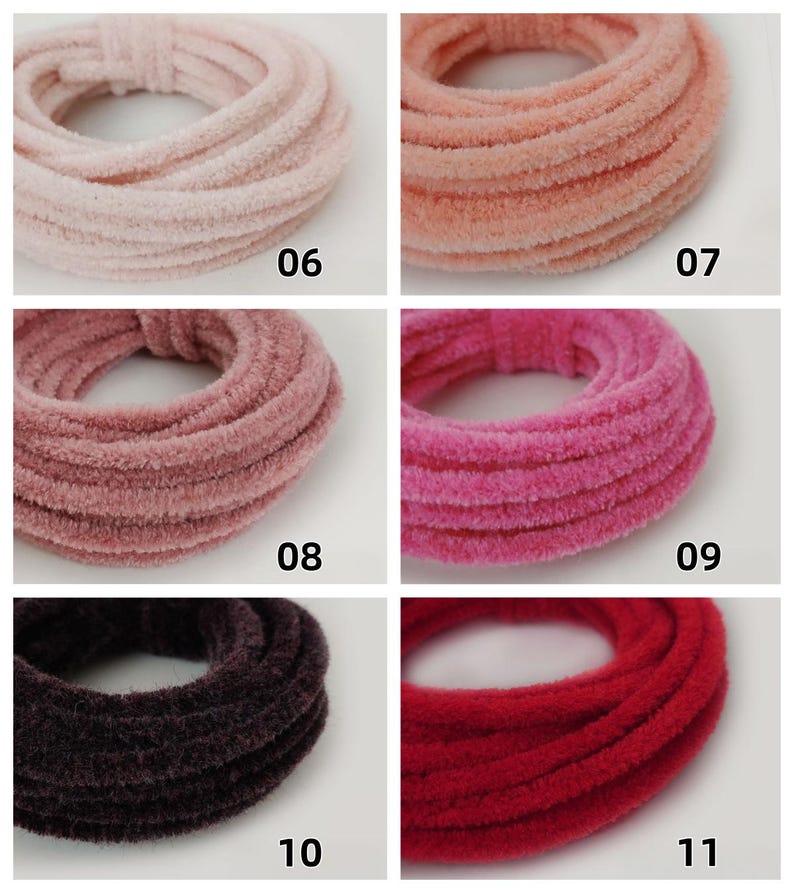 May include: Six colourful scrunchies in a grid arrangement. The scrunchies are in shades of light pink, peach, mauve, hot pink, dark purple, and red. Each scrunchie is labelled with a number from 06 to 11.