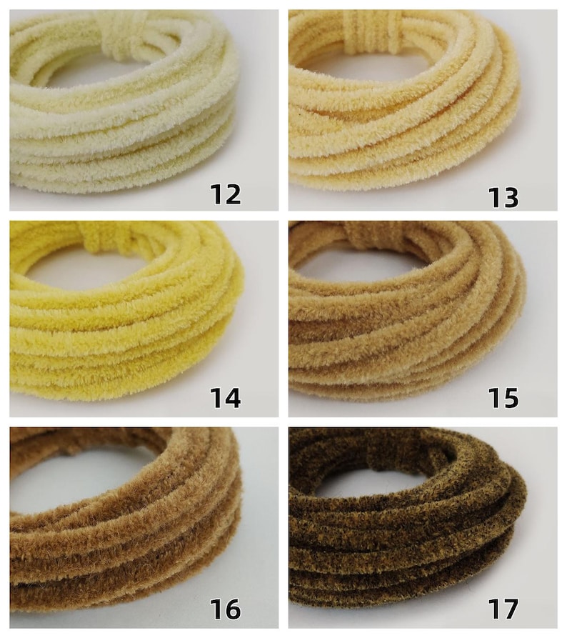 May include: Six scrunchies in a range of colours from pale yellow to dark brown. Each is made from a soft, textured fabric and numbered 12 to 17. The scrunchies are displayed in a grid, highlighting their different shades and textures.