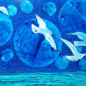 Original mixed media painting seagulls flying on a surrealistic background 12 by 18 inches by Joanne Pattison
