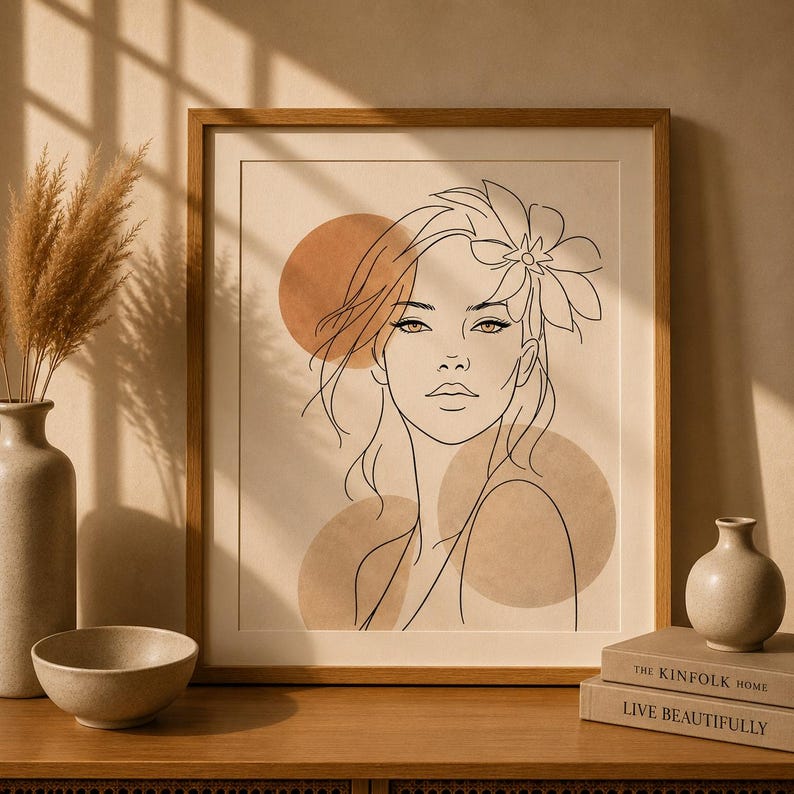 Minimalist Floral Woman Line Art Print Neutral Abstract Feminine Wall ...