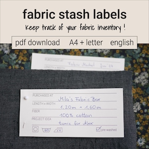 Könnte beinhalten: Weiße Stoffetiketten, die auf dunkelgrauem Stoff befestigt sind. Die Etiketten enthalten Felder für "Gekauft bei", "Länge x Breite", "Faser" und "Projektidee". Der Text "fabric stash labels" und "keep track of your fabric inventory!" stehen oben.
