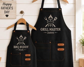 Custom Embroidered Apron with Name, Matching Dad and Kid Aprons, Personalized Father’s Day BBQ Cooking Gift
