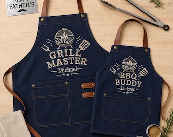 Delantal bordado personalizado para papá y abuelo, delantal personalizado para barbacoa del Día del Padre, delantal de cocina a juego para papá e hijo.