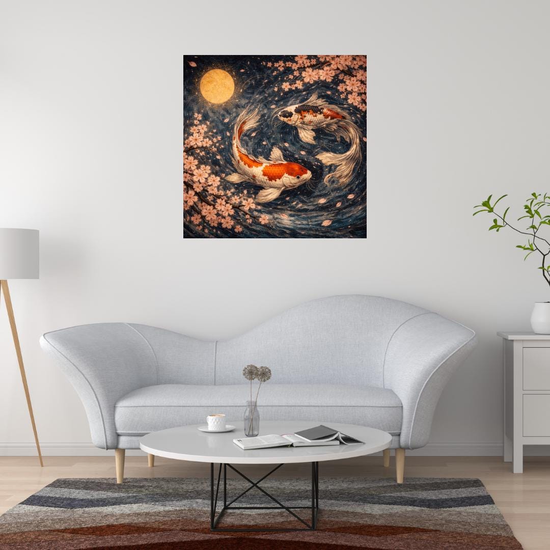 Koi Fish Canvas Print | Japanese Koi Wall Art | Cherry Blossom Moon ...
