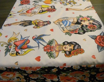 Valentine Table Runner, love tattoo table runner, OOAK Valentine Runner, Valentine bed runner, tattoo table runner, Valentine decor, pin-ups