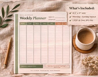 Weekly Planner Printable | Undated 7-Day Organizer (Digital Download)