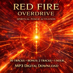 Puede incluir: Gráfico de descarga digital con el texto "RED FIRE OVERDRIVE" en letras doradas. La imagen tiene un fondo rojo y naranja ardiente con un diseño geométrico en el centro. El texto en la parte inferior dice "10 TRACKS • BONUS: 2 TRACKS • 1 HOUR MP3 DIGITAL DOWNLOAD."