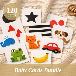Puede incluir: Un conjunto de tarjetas para bebés con ilustraciones de una ballena, un gato, una rana, un coche, un perro y un plátano. Las tarjetas también presentan formas geométricas y patrones en blanco y negro. El texto "120 tarjetas" y "Baby Cards Bundle" son visibles.
