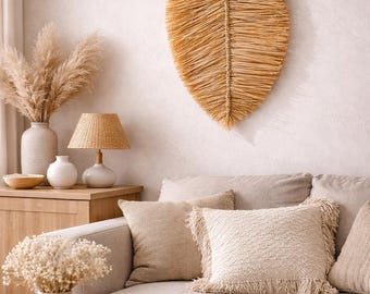 Decorazione murale boho in fibre naturali – foglia da parete intrecciata realizzata a mano – decorazione murale in rattan/paglia in stile boho chic