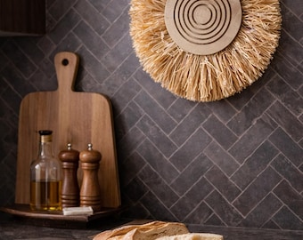 Round boho wall decoration in natural fibers – braided wall art in sun/fan style – boho chic rattan wall decor