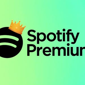 以下が含まれることがあります： 緑色のグラデーション背景にSpotify Premiumのロゴ。ロゴは、3本の水平線が入った黒い円と金の王冠で構成されています。「Spotify Premium」の文字は黒色です。