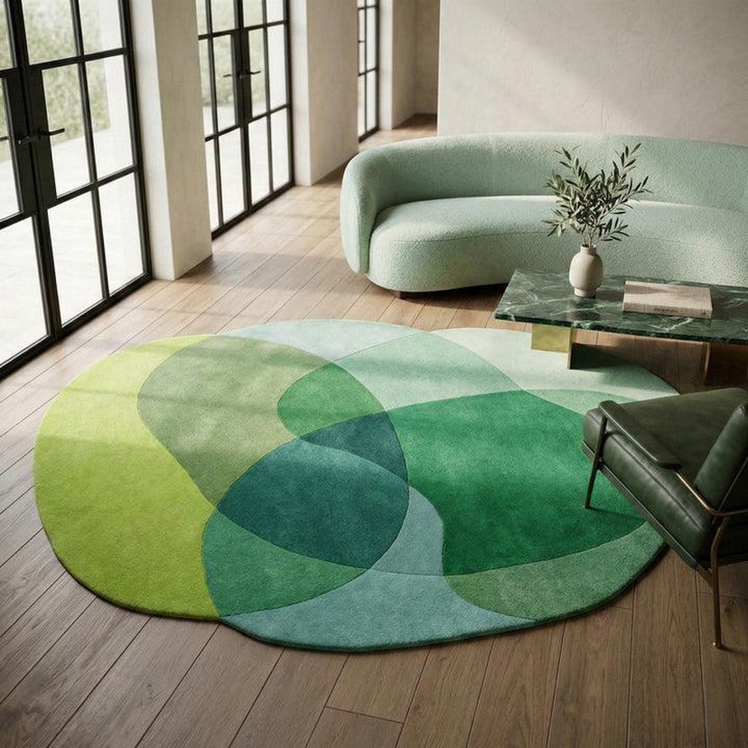 Patterned Green Rug Abstract Design Abstract Green Area Rug, Organic Shape Handmade Wool Rug, Modern ...