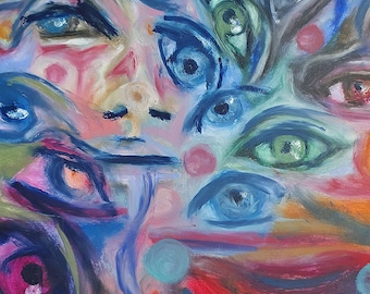 Arte multimediale astratta, stampa digitale "L'occhio che vede", ritratto visionario, arte murale spirituale, immagine dell'anima da scaricare. 4592x6962