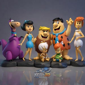 May include: A set of colourful figurines depicting characters from The Flintstones cartoon. The figures include Fred, Wilma, Barney, Betty, Pebbles, Bamm-Bamm, and Dino. The figurines are displayed on a black base. The text "KEELS3D MODELS" is visible.