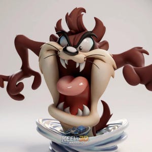 May include: A detailed figurine of the Tasmanian Devil, a cartoon character, in a dynamic pose. The figure is primarily brown with a light tan muzzle and large white teeth. The character is emerging from a stylized tornado base.