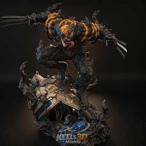 May include: A detailed statue of a comic book character, featuring a black and orange color scheme. The figure has sharp claws and a snarling expression, standing atop a detailed base. The text "KEEL'S 3D MODELS" is visible on the base.