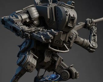 Op de afbeelding: Een gedetailleerde, grijze robotfiguur in een dynamische pose, mogelijk een mech of een futuristische gevechtseenheid. De figuur is zwaar gepantserd met ingewikkelde mechanische details, waaronder wat een wapen lijkt te zijn. De afbeelding heeft een 3D-weergavekwaliteit.