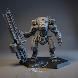 May include: A gray, detailed model of a bipedal mech robot holding a large weapon. The robot stands on a black hexagonal base. The model has intricate mechanical details and is labeled with "KEELS 3D MODELS".