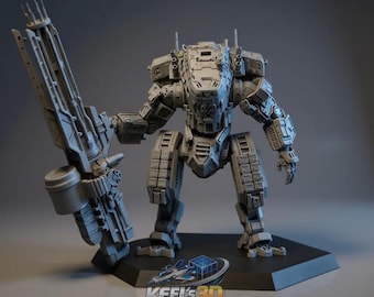 Op de afbeelding: Een grijs, gedetailleerd model van een tweebenige mech-robot met een groot wapen. De robot staat op een zwarte zeshoekige basis. Het model heeft ingewikkelde mechanische details en is gemarkeerd met "KEELS 3D MODELS".