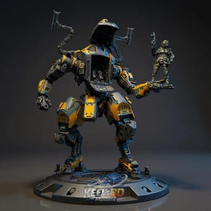 May include: A detailed model of a large, yellow and gray mech robot holding a miniature soldier figure. The robot has an open cockpit and is standing on a circular base. The base has the text "KEEL'S 3D MODELS".