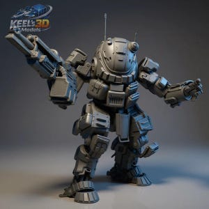 May include: A grey model of a futuristic mech robot, featuring a large gun arm and detailed mechanical components. The robot has a rounded head, multiple compartments, and articulated limbs. The text "KEEL'S 3D Models" is visible.